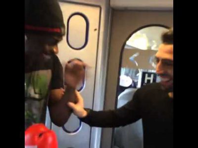 liverpools mario balotelli has a play fight on the train with kickboxer giorgio petrosyan youtube 1424090566g84nk