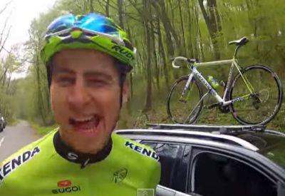 Peter Sagan parking on car roof